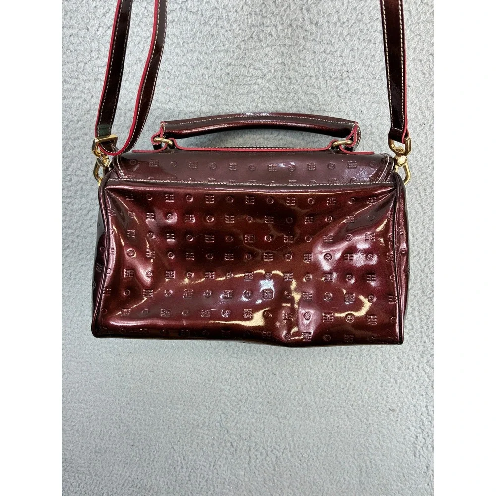 Arcadia Monogram Embossed Satchel Crossbody Bag Womens M Burgundy Patent Italy